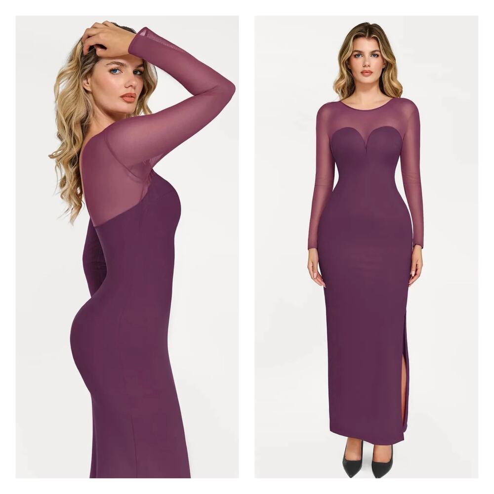 NWT Popilush Purple Mesh Long Sleeve Maxi Dress Small V Back Slimming Shapewear